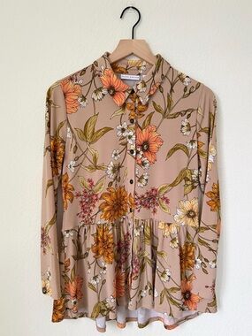 Susan Graver Floral Printed Romantic Peplum Cardigan Size XS Tan Floral